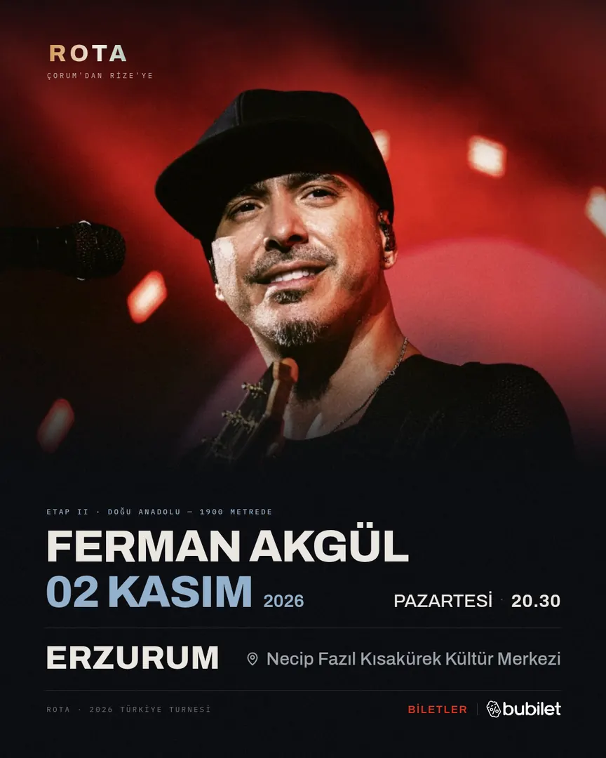 Erzurum — Ferman Akgül, 02 Kasım 2026, Erzurum Necip Fazıl Kısakürek Kültür Merkezi — 2026 Türkiye turnesi afişi